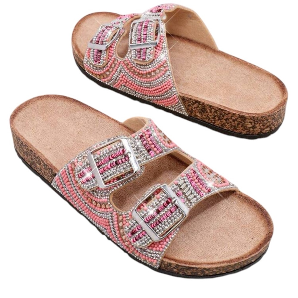 NWT Beaded Pink Slide Sandals